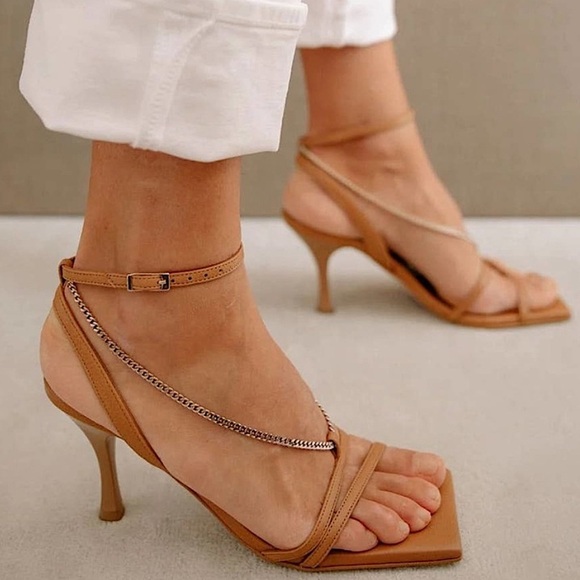Alohas Straps Chain Square Toe Leather Strappy Sandals Camel 42 / 11-11.5 - Picture 1 of 11